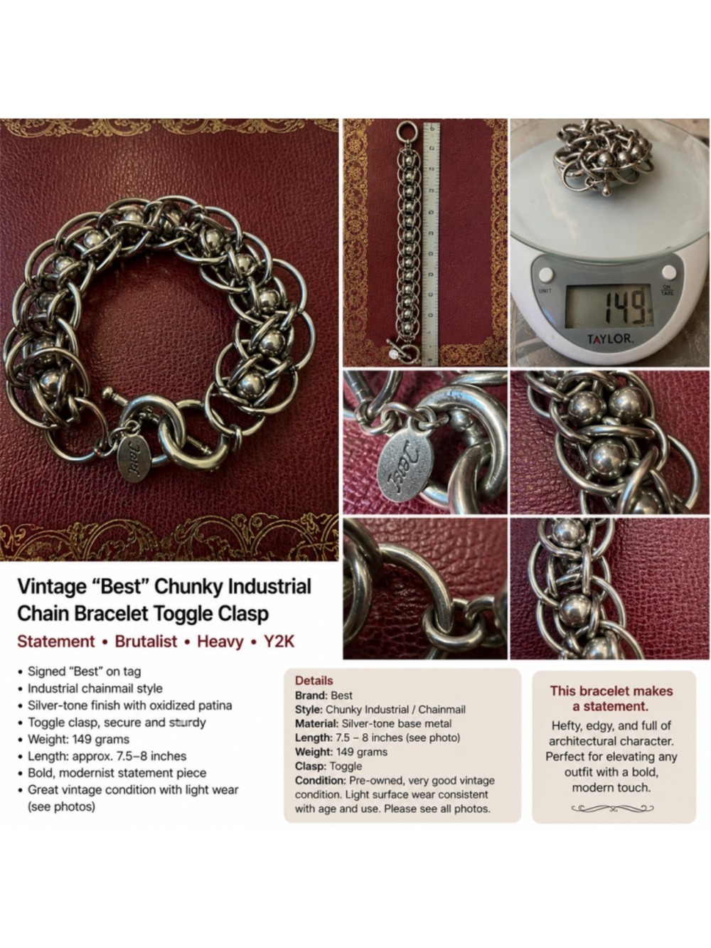 Vintage “Best” Chunky Industrial Chain Bracelet Toggle Clasp Brutalist Y2K State